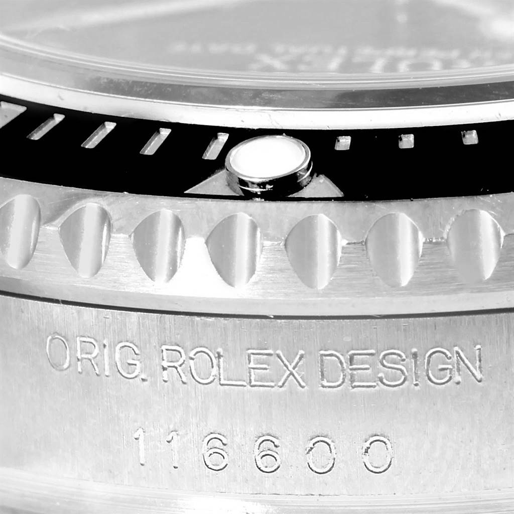 This close-up image shows the side of a Rolex Sea-Dweller 116600 Men's Stainless Steel Black Dial 116600 Men's Stainless Steel Black Dial watch, highlighting the bezel and engraved model number 116600.
