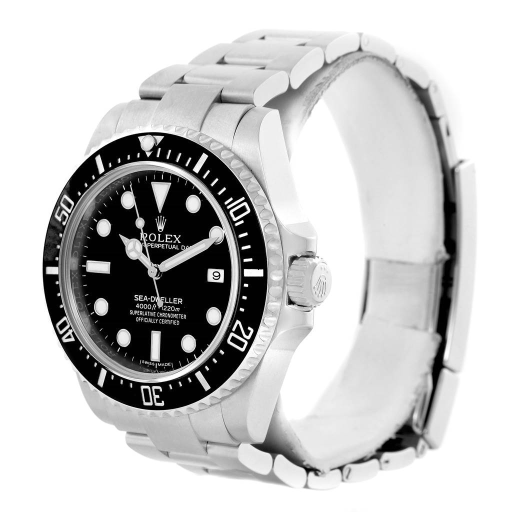 The image shows a Rolex Sea-Dweller 116600 Men's Stainless Steel Black Dial 116600 Men's Stainless Steel Black Dial watch angled from the front-right, displaying the dial, bezel, bracelet, and crown.