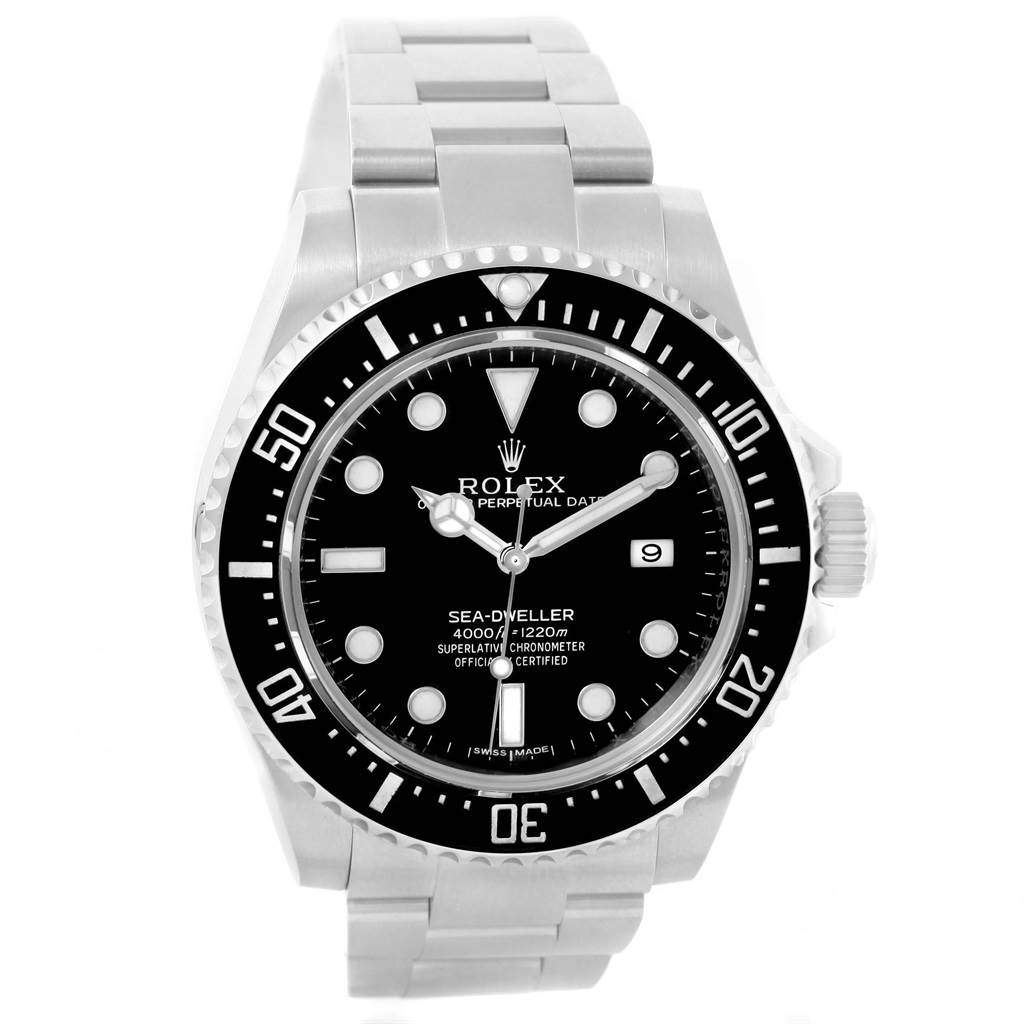 The image shows a front view of the Rolex Sea-Dweller 116600 Men's Stainless Steel Black Dial 116600 Men's Stainless Steel Black Dial watch, highlighting the dial, bezel, bracelet, and crown.