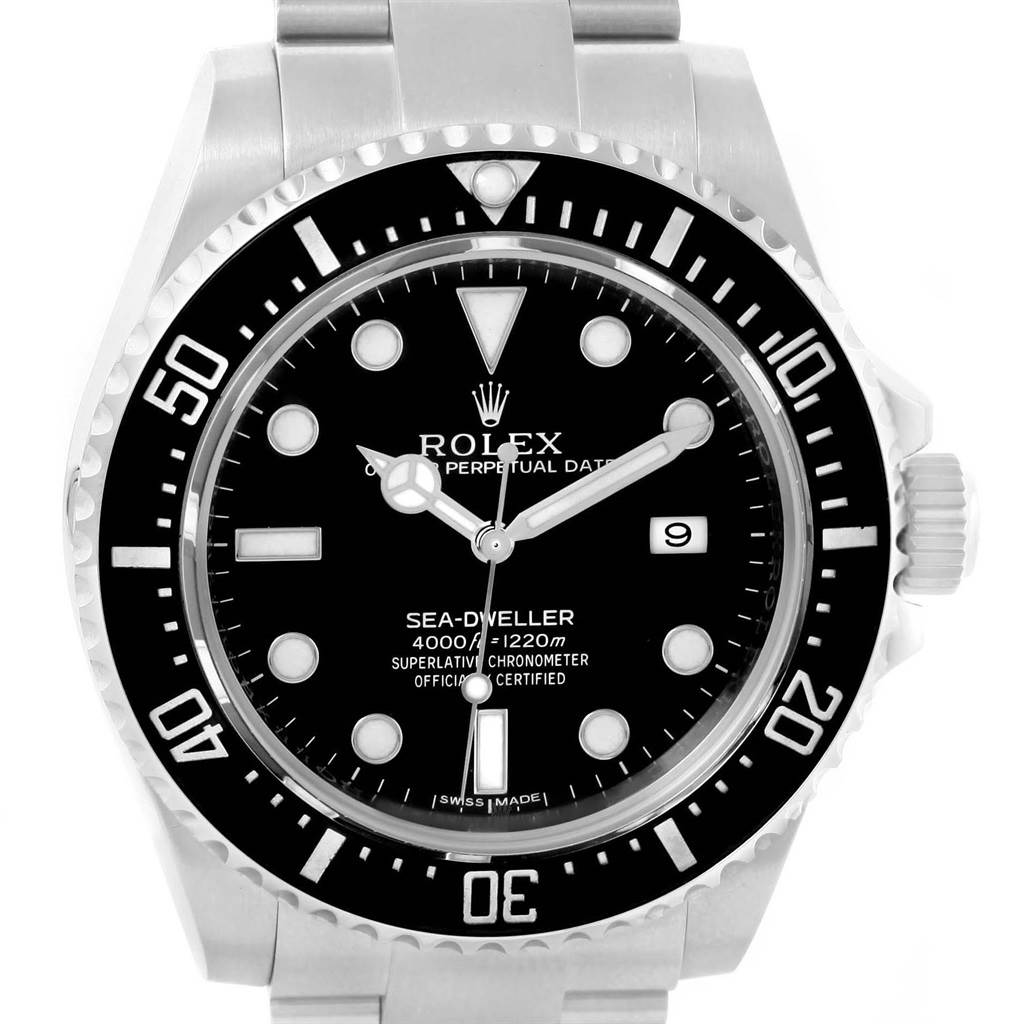 The image shows a front view of the Rolex Sea-Dweller 116600 Men's Stainless Steel Black Dial 116600 Men's Stainless Steel Black Dial watch, highlighting its face, bezel, and part of the bracelet.