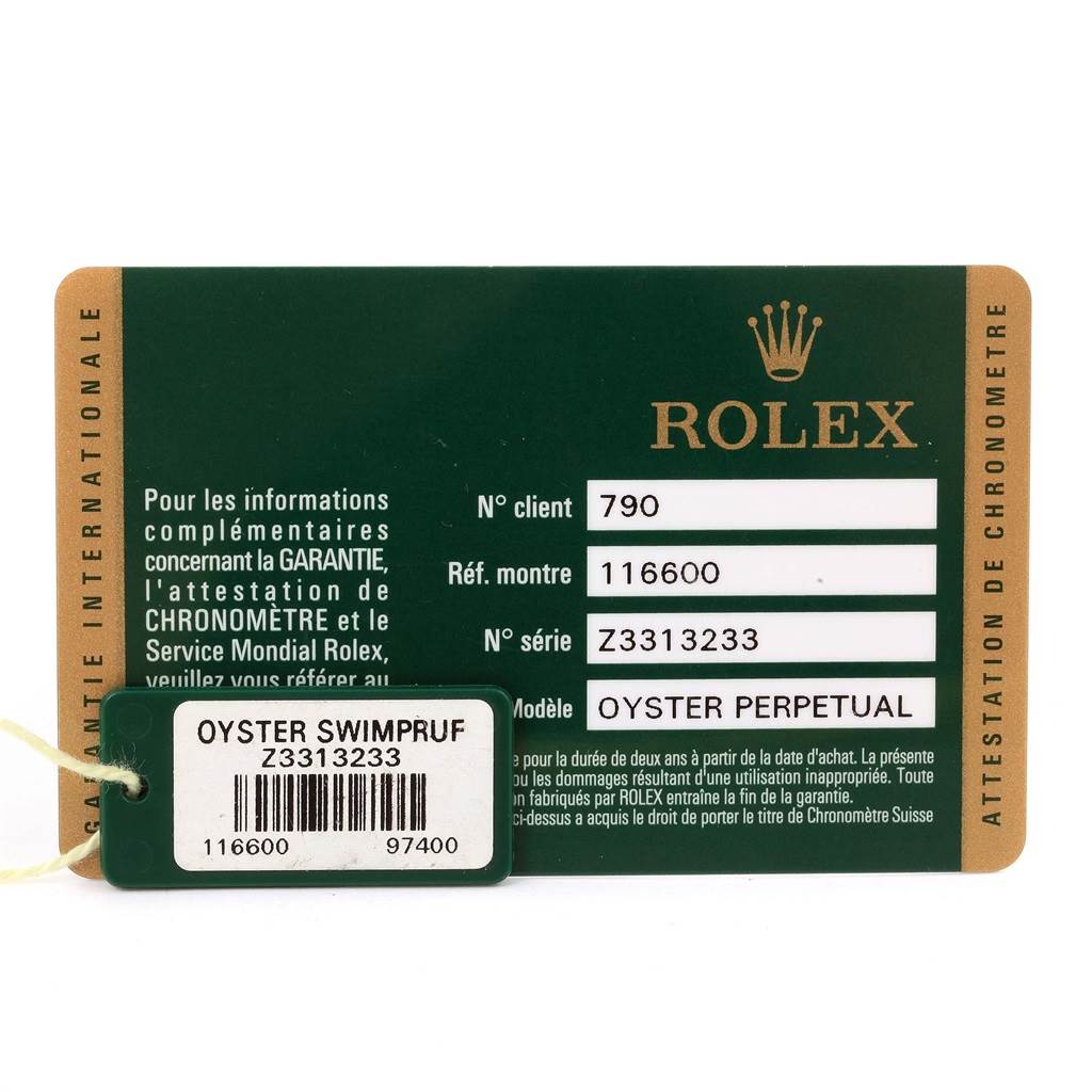 This image shows the Rolex warranty card and tag for the Sea-Dweller model, reference number 116600.