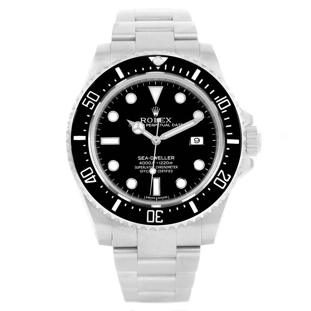The image shows a front view of the Rolex Sea-Dweller 116600 Men's Stainless Steel Black Dial 116600 Men's Stainless Steel Black Dial watch, displaying the dial, bezel, and bracelet.