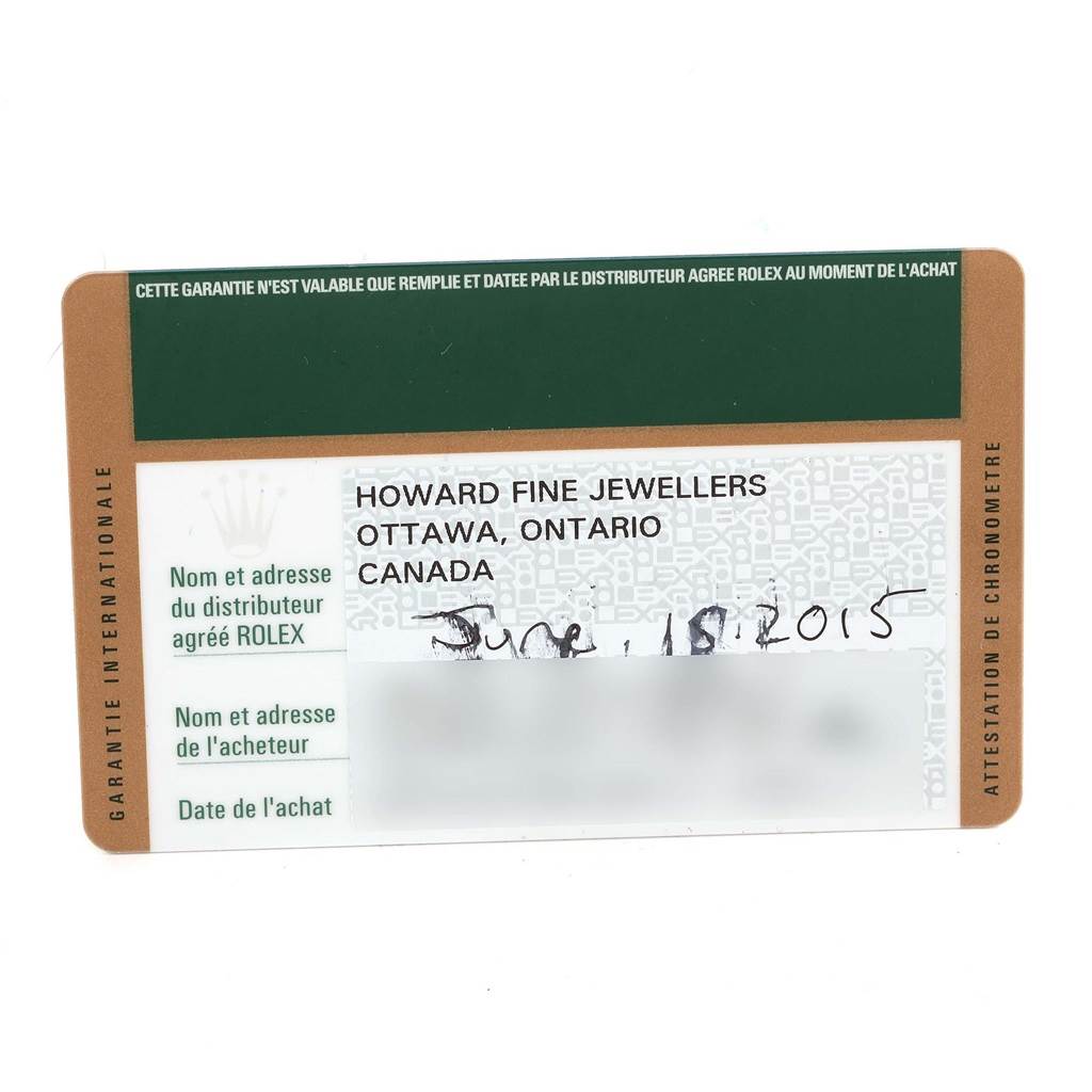 The image shows a warranty card for the Rolex Sea-Dweller 116600 Men's Stainless Steel Black Dial 116600 Men's Stainless Steel Black Dial model, with distributor and purchaser details, and purchase date.