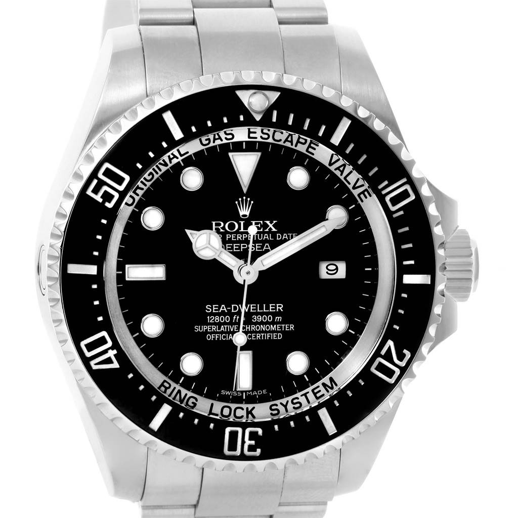 This is a frontal view of a Rolex Sea-Dweller 116660 Men
s Stainless Steel Black Dial 116660 Men
s Stainless Steel Black Dial watch showing the face, bezel, and part of the bracelet.