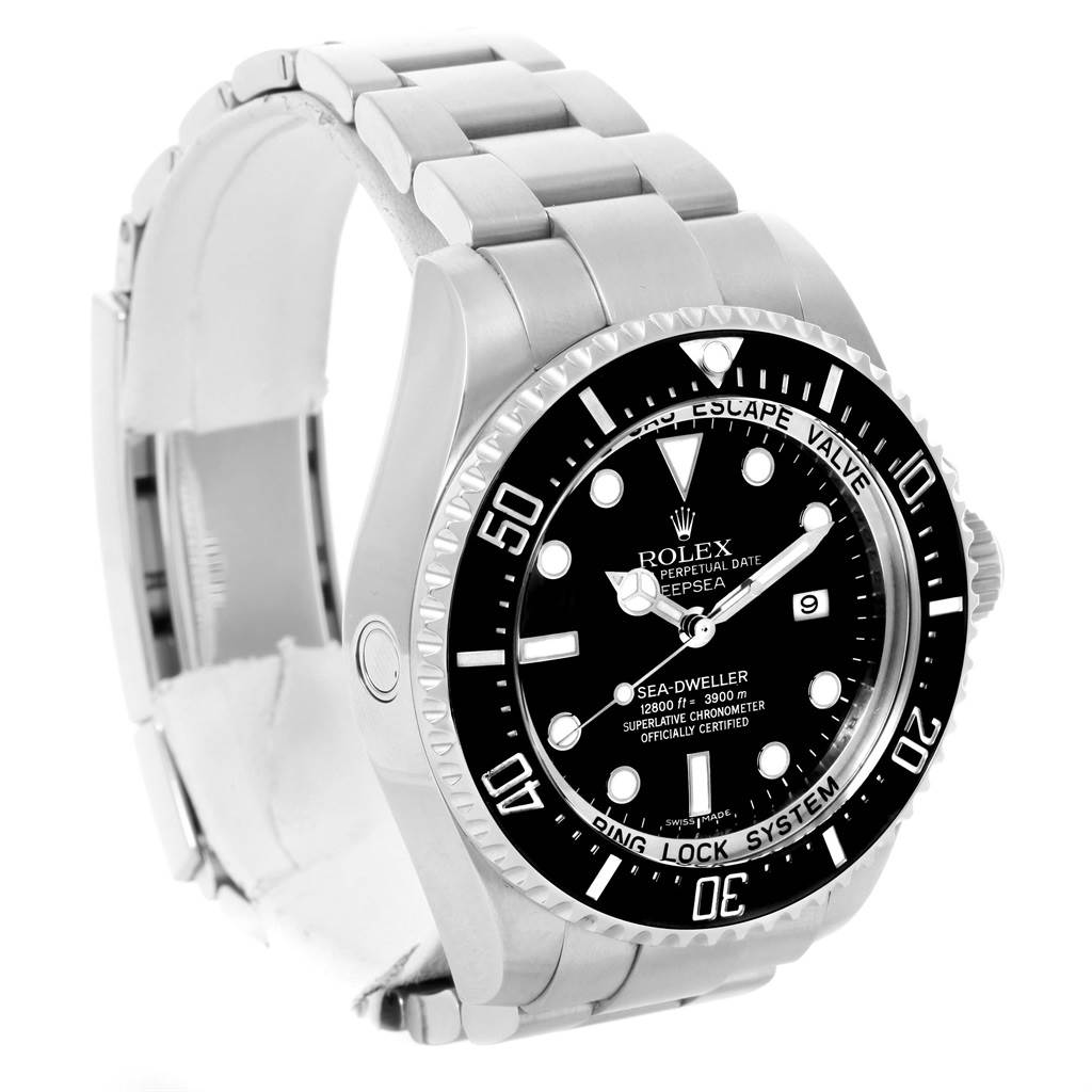 The Rolex Sea-Dweller 116660 Men
s Stainless Steel Black Dial 116660 Men
s Stainless Steel Black Dial watch is shown at an angled view displaying the face, bezel, and stainless steel bracelet.
