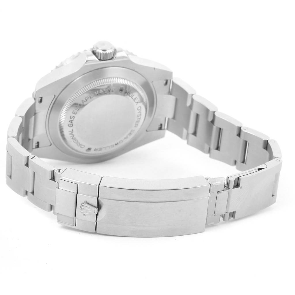 The image shows the back and clasp of the Rolex Sea-Dweller 116600 Men
s Stainless Steel Black Dial 116600 Men
s Stainless Steel Black Dial, highlighting its metal bracelet and case back.