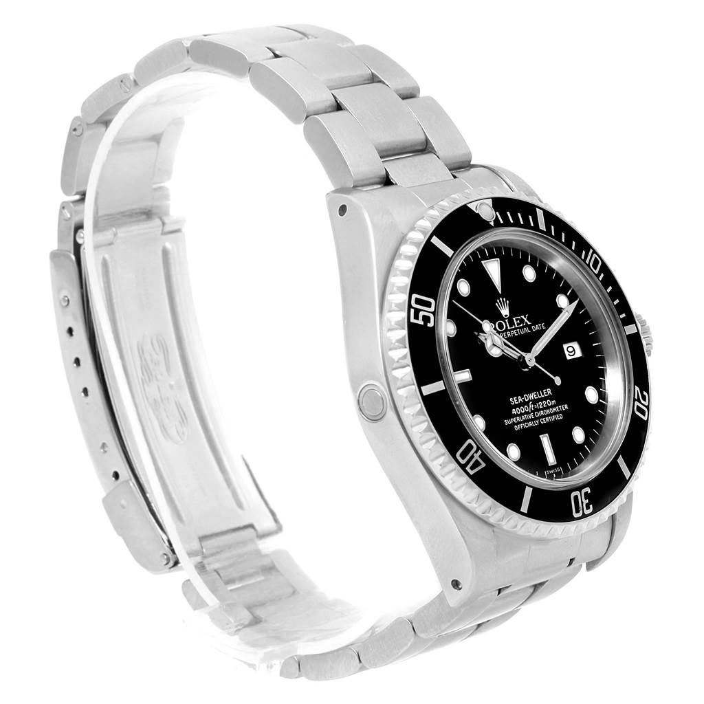The Rolex Sea-Dweller 16600 Men's Stainless Steel Black Dial 16600 Men's Stainless Steel Black Dial watch is shown from a left side angle, highlighting its face, bezel, and bracelet.