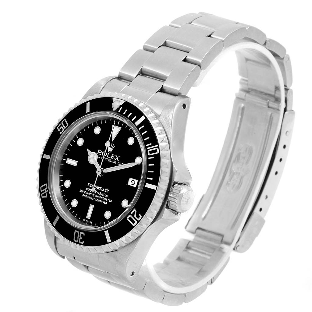 The Rolex Sea-Dweller 16600 Men's Stainless Steel Black Dial 16600 Men's Stainless Steel Black Dial watch is shown at an angled side view, highlighting the dial, bezel, crown, and stainless steel bracelet.