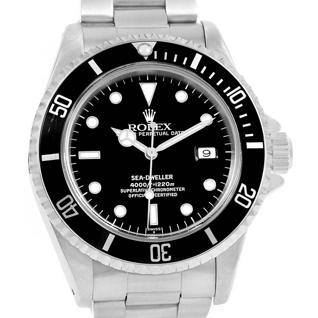 The image shows a front view of a Rolex Sea-Dweller 16600 Men's Stainless Steel Black Dial 16600 Men's Stainless Steel Black Dial watch, displaying its black dial, bezel, and stainless steel bracelet.