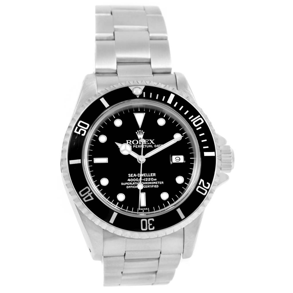 This image shows a front view of the Rolex Sea-Dweller 16600 Men's Stainless Steel Black Dial 16600 Men's Stainless Steel Black Dial watch, displaying its black dial, date window, and stainless steel bracelet.