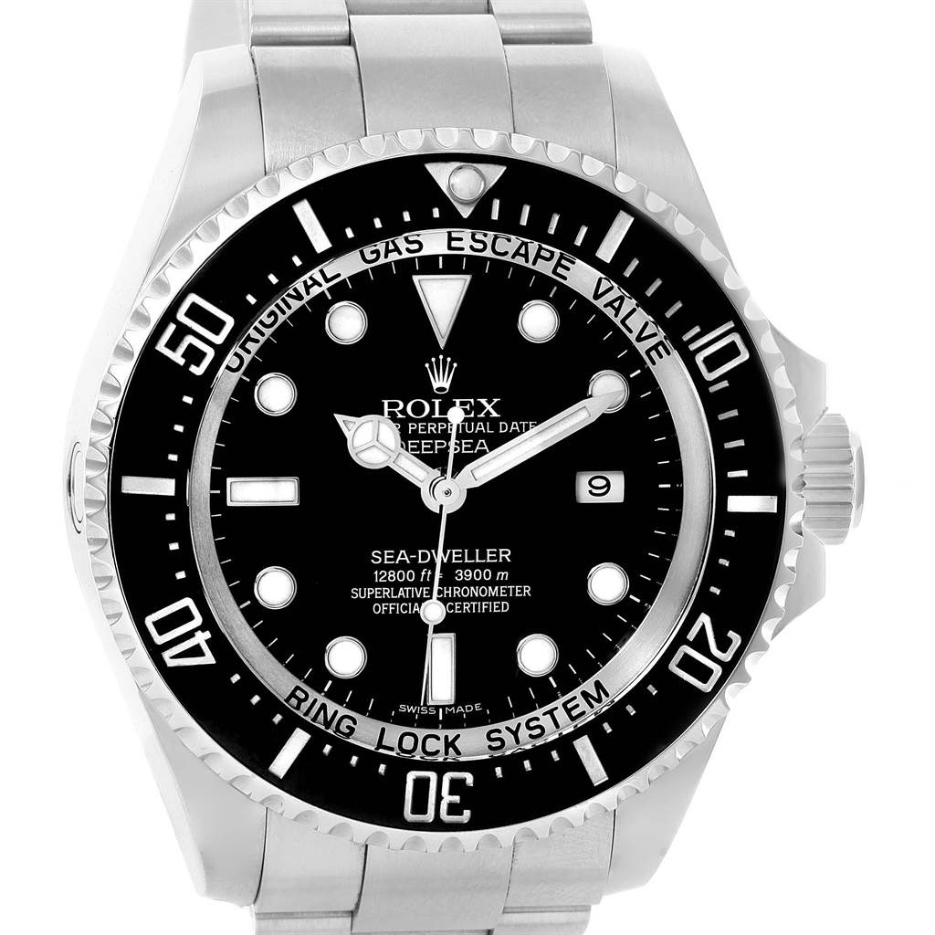 This image shows a front view of a Rolex Sea-Dweller 116660 Men's Stainless Steel Black Dial 116660 Men's Stainless Steel Black Dial watch, highlighting its dial, bezel, and stainless steel band.