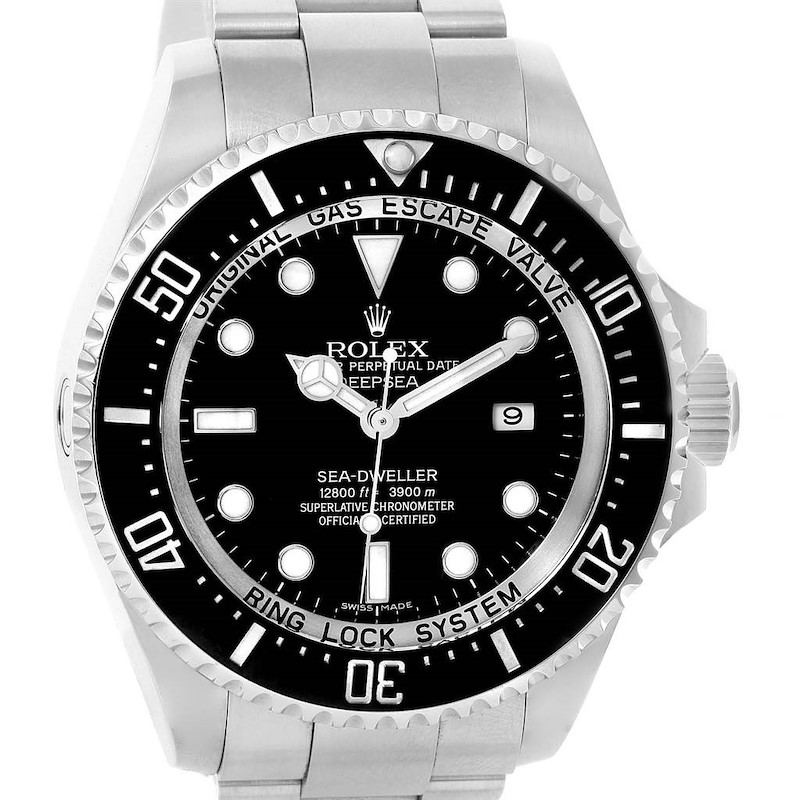 This image shows a front view of a Rolex Sea-Dweller watch, highlighting its dial, bezel, and stainless steel band.