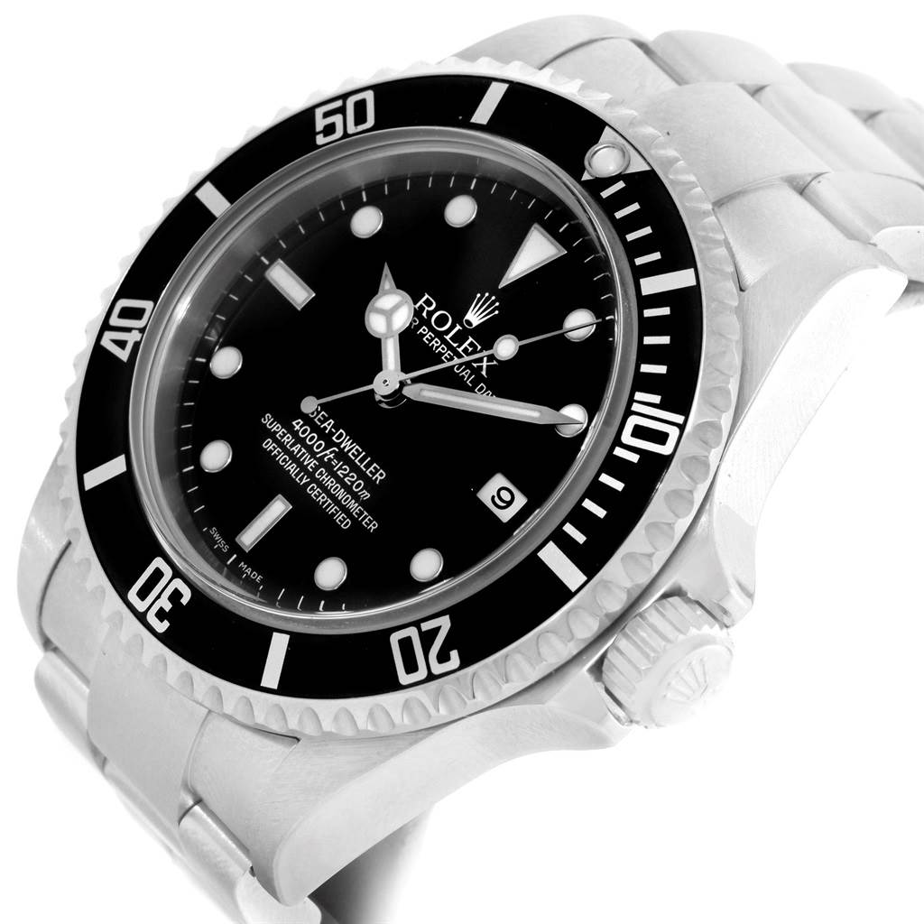 This image shows a close-up angle of the Rolex Sea-Dweller 16600 Men
s Stainless Steel Black Dial 16600 Men
s Stainless Steel Black Dial watch face, bezel, crown, and bracelet.
