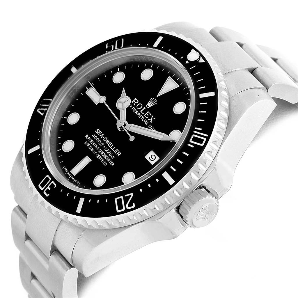 This image shows a Rolex Sea-Dweller 116600 Men's Stainless Steel Black Dial 116600 Men's Stainless Steel Black Dial watch angled to display the dial, bezel, crown, and bracelet.