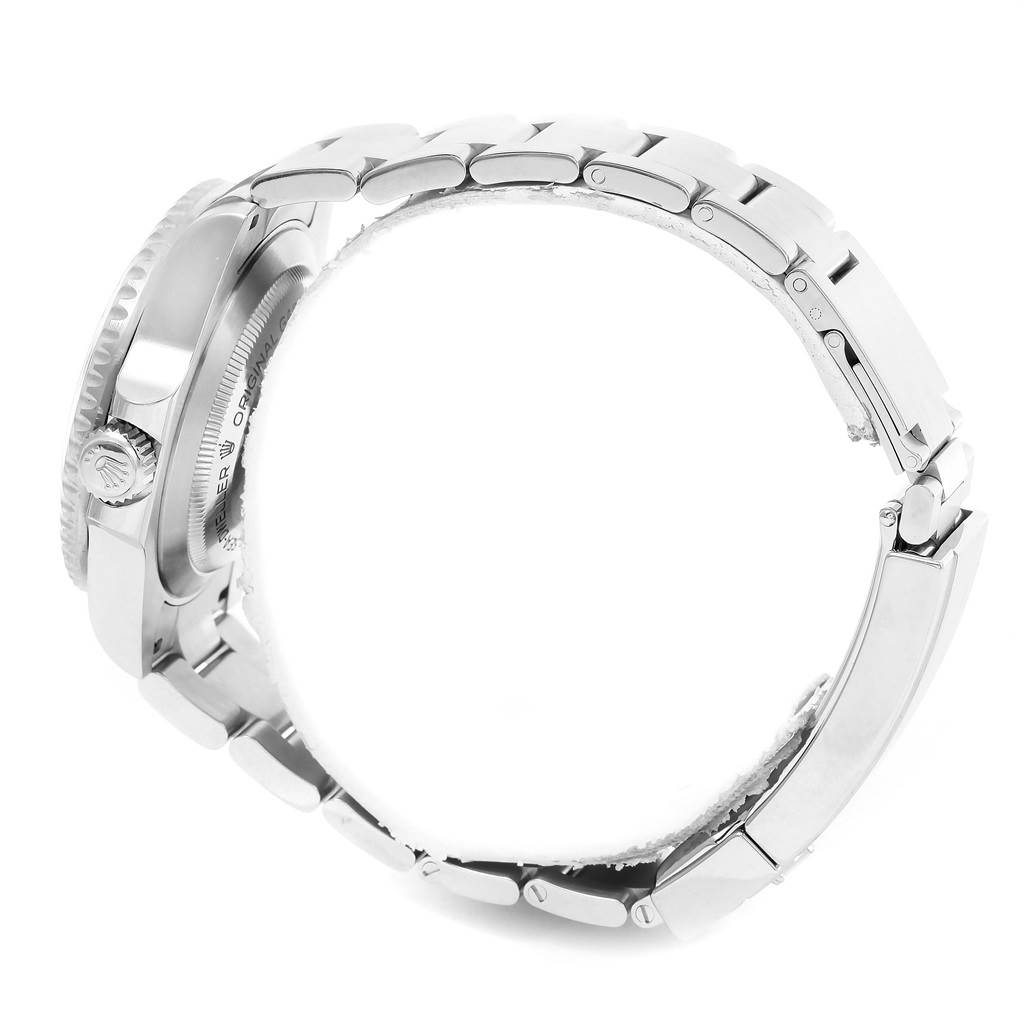 The image shows a side view of the Rolex Sea-Dweller 116600 Men's Stainless Steel Black Dial 116600 Men's Stainless Steel Black Dial model, highlighting the crown, case, and bracelet.