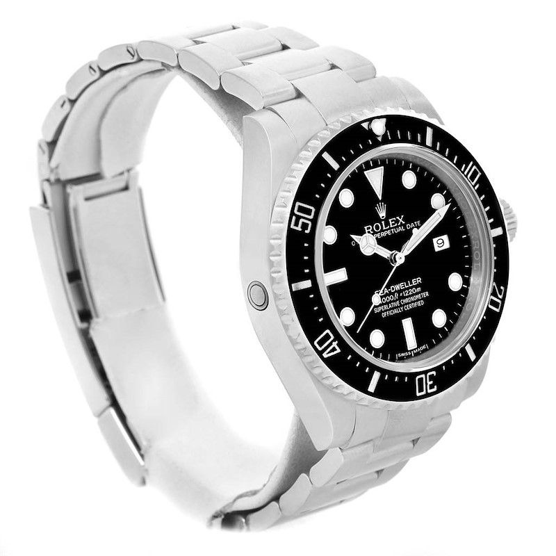 The image shows a side view of the Rolex Sea-Dweller watch, highlighting its face, bezel, case, and bracelet.