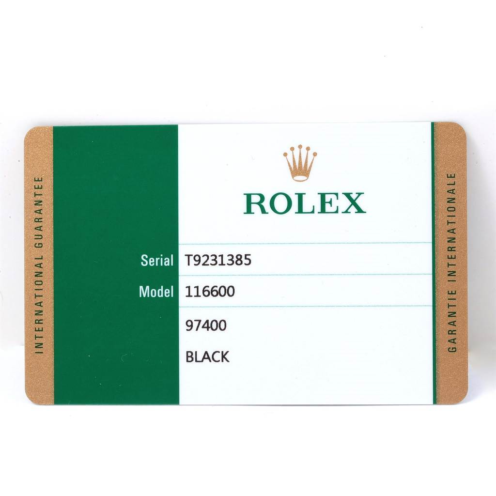 This image shows the international guarantee card for the Rolex Sea-Dweller 116600 Men
s Stainless Steel Black Dial 116600 Men
s Stainless Steel Black Dial model 116600.