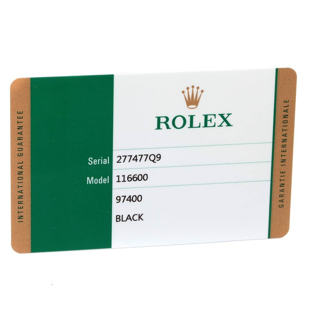 This image shows the international guarantee card for the Rolex Sea-Dweller 116600 Men
s Stainless Steel Black Dial 116600 Men
s Stainless Steel Black Dial model 116600.