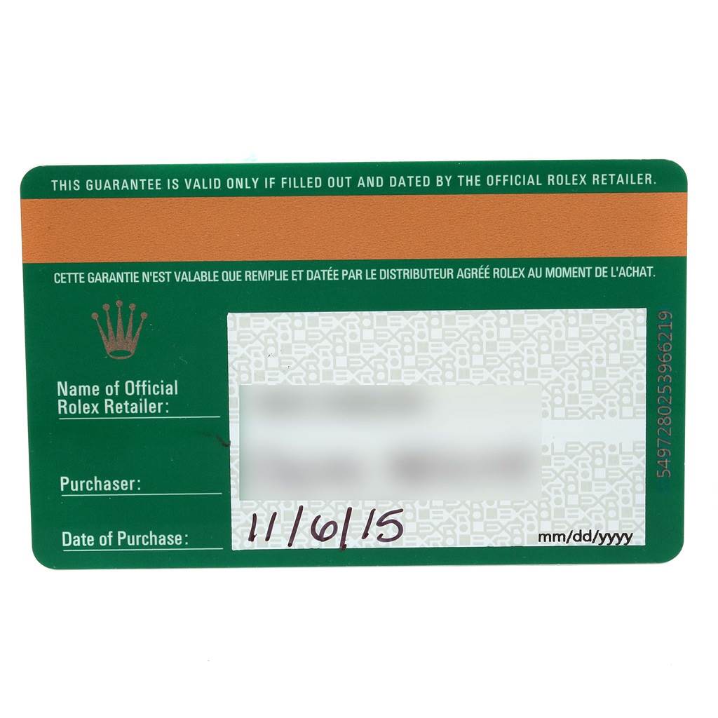 This is the guarantee card for the Rolex Sea-Dweller 116600 Men
s Stainless Steel Black Dial 116600 Men
s Stainless Steel Black Dial watch, displaying the retailer
s details, purchase date, and an official Rolex logo.