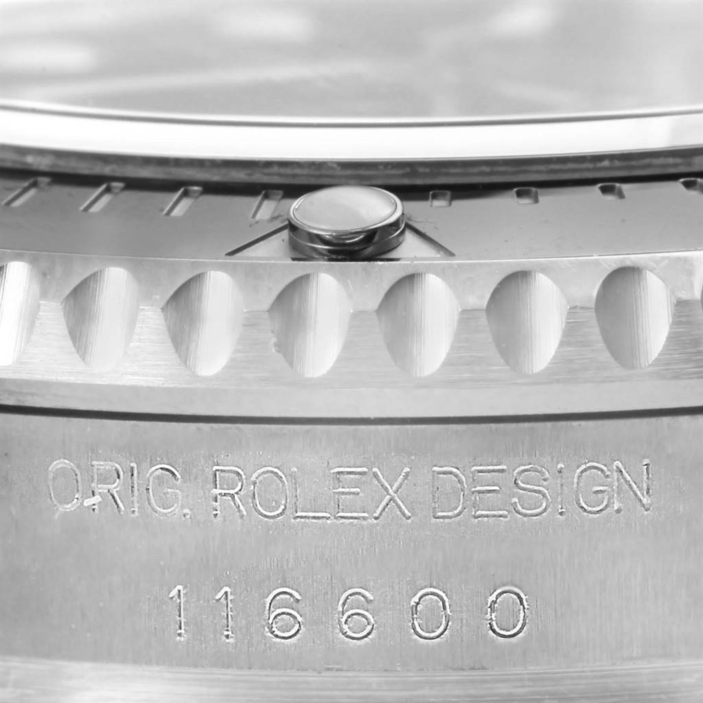 This image shows a close-up of the model number and bezel of the Rolex Sea-Dweller 116600 Men
s Stainless Steel Black Dial 116600 Men
s Stainless Steel Black Dial watch.