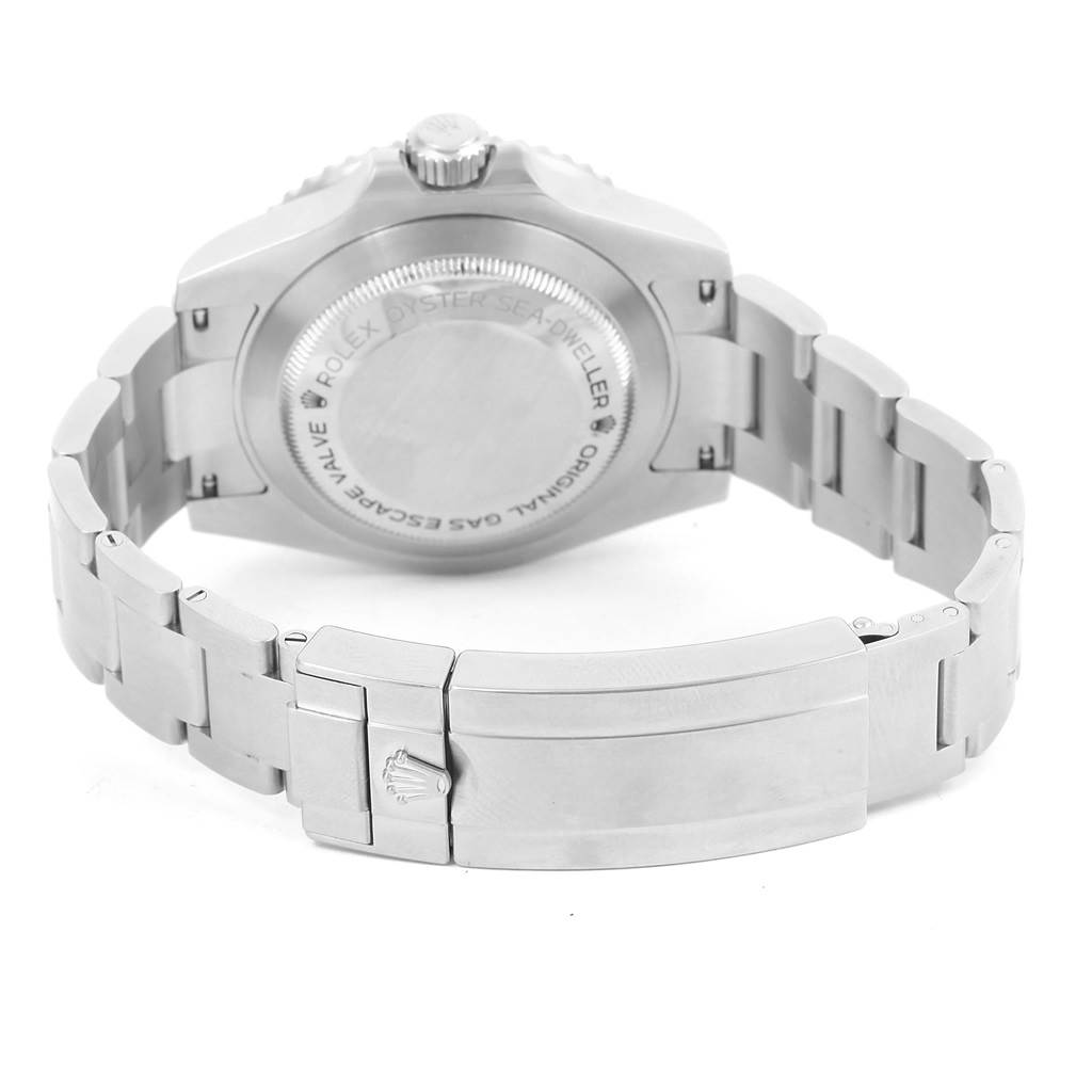 The image shows the back and clasp of a Rolex Sea-Dweller 116600 Men
s Stainless Steel Black Dial 116600 Men
s Stainless Steel Black Dial watch at a slight downward angle.