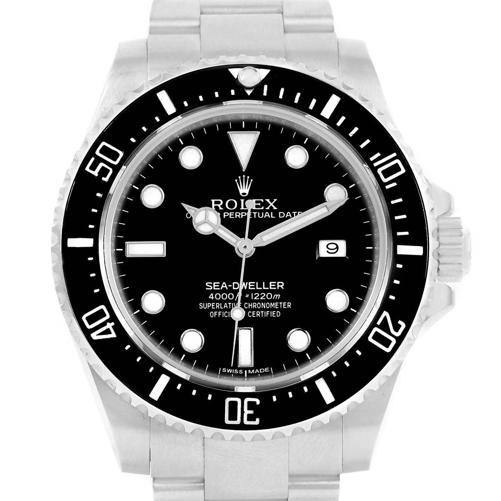 This is a front view of the Rolex Sea-Dweller 116600 Men
s Stainless Steel Black Dial 116600 Men
s Stainless Steel Black Dial watch showing the dial, bezel, and part of the stainless steel bracelet.