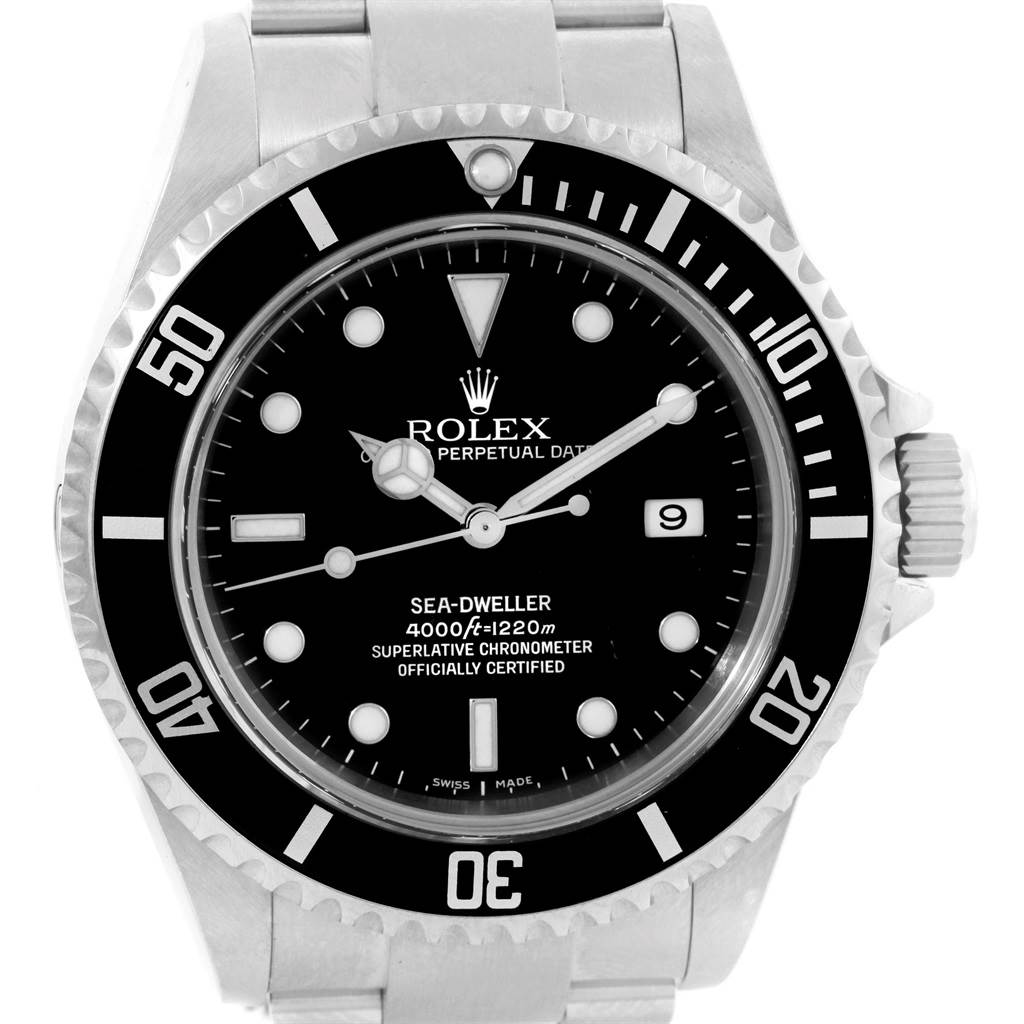 This image shows a front view of the Rolex Sea-Dweller 16600 Men
s Stainless Steel Black Dial 16600 Men
s Stainless Steel Black Dial watch, displaying the dial, bezel, and part of the bracelet.