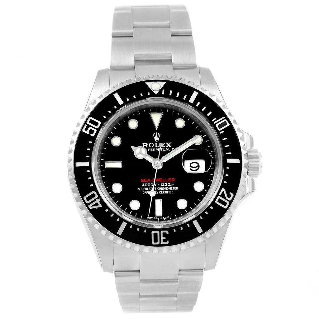 The image shows a front view of the Rolex Sea-Dweller 126600 Men
s Stainless Steel Black Dial 126600 Men
s Stainless Steel Black Dial watch, highlighting the dial, bezel, and bracelet.