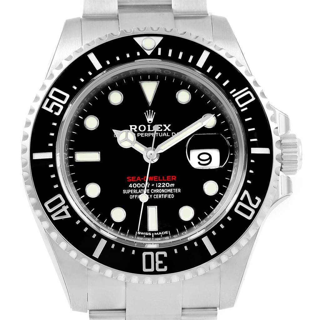 The image shows a front view of the Rolex Sea-Dweller 126600 Men
s Stainless Steel Black Dial 126600 Men
s Stainless Steel Black Dial watch, highlighting the dial, bezel, and part of the bracelet.