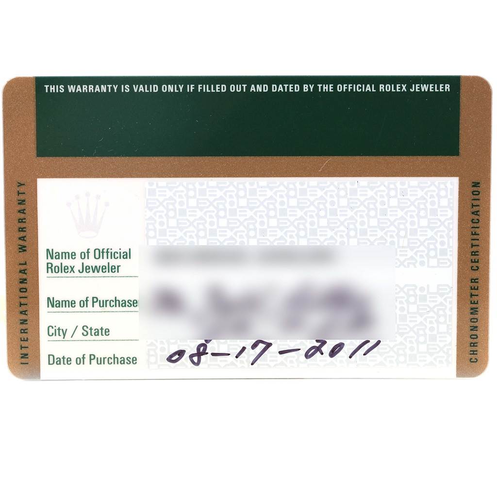 This is an image of the warranty card for a Rolex Sea-Dweller 116660 Men
s Stainless Steel Black Dial 116660 Men
s Stainless Steel Black Dial watch.