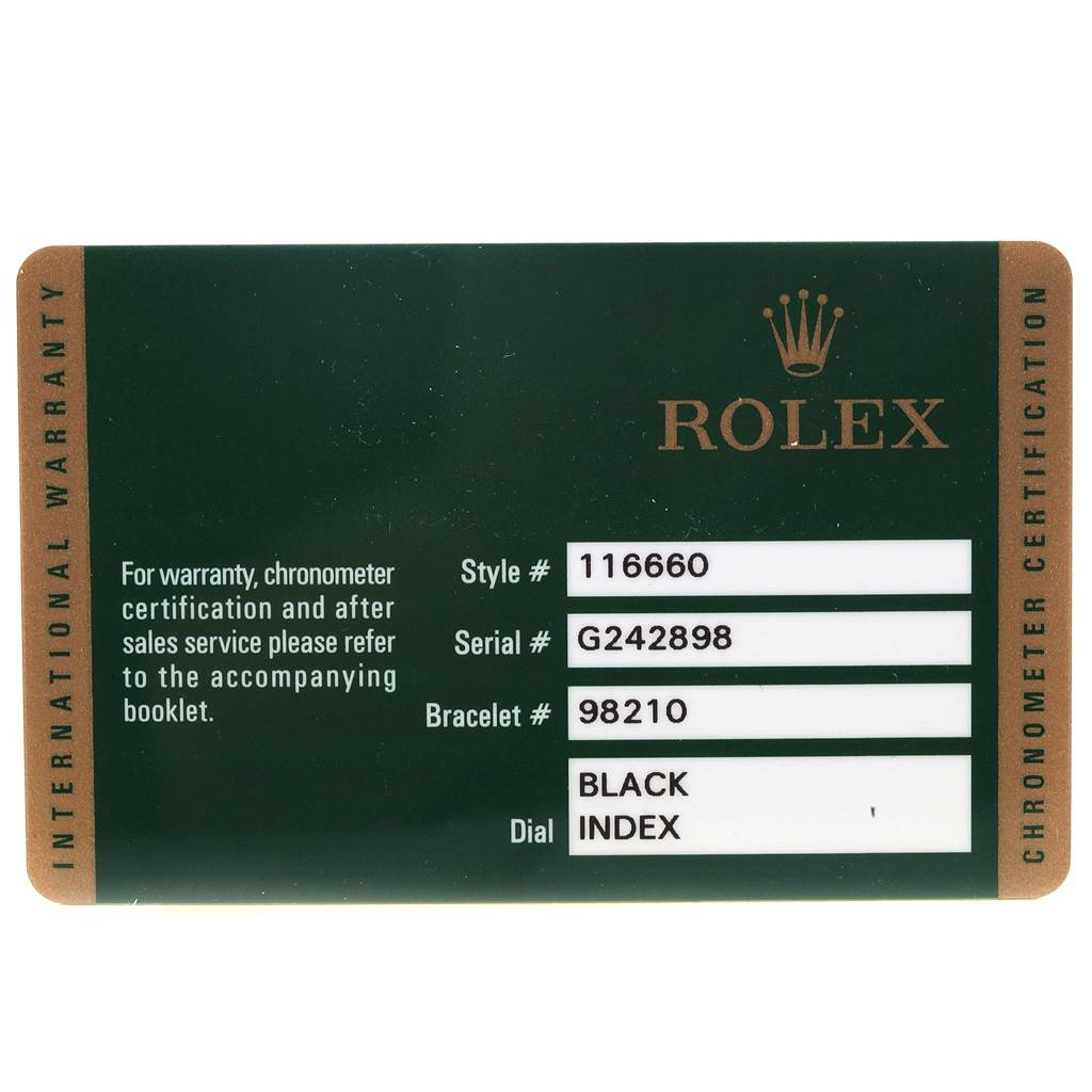 The image shows a warranty card for the Rolex Sea-Dweller 116660 Men
s Stainless Steel Black Dial 116660 Men
s Stainless Steel Black Dial model, including details like style, serial, and bracelet numbers, and dial type.