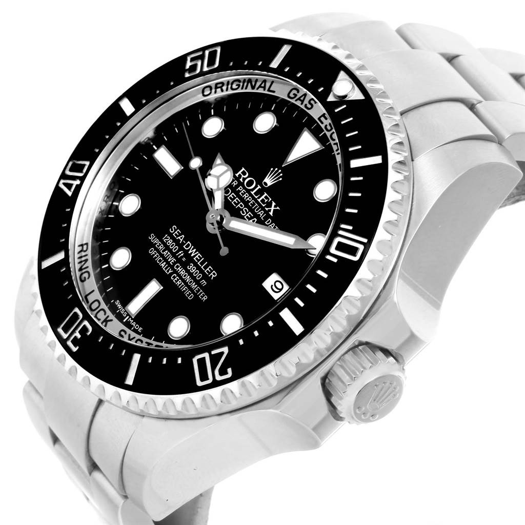 The image shows a close-up angled view of the Rolex Sea-Dweller 116660 Men
s Stainless Steel Black Dial 116660 Men
s Stainless Steel Black Dial watch, highlighting its bezel, dial, and part of the bracelet.