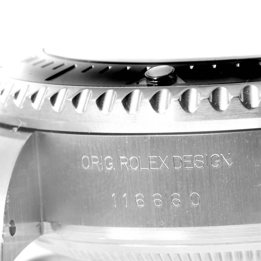 This image shows a close-up of the bezel and side engraving of the Rolex Sea-Dweller 116660 Men
s Stainless Steel Black Dial 116660 Men
s Stainless Steel Black Dial watch model 116660.