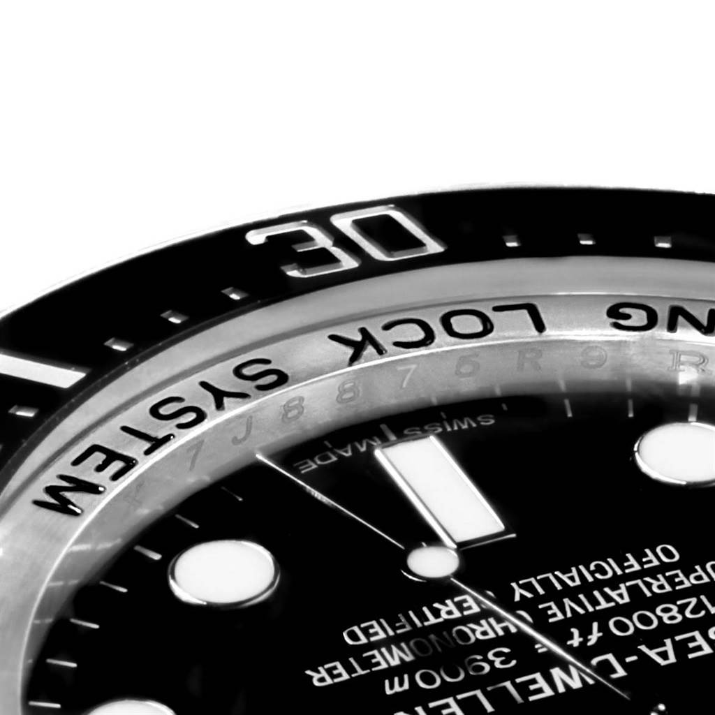The image shows a close-up angled view of the bezel and dial of the Rolex Sea-Dweller 116660 Men's Stainless Steel Black Dial 116660 Men's Stainless Steel Black Dial watch, highlighting the "30" marker and "Ring Lock System" text.