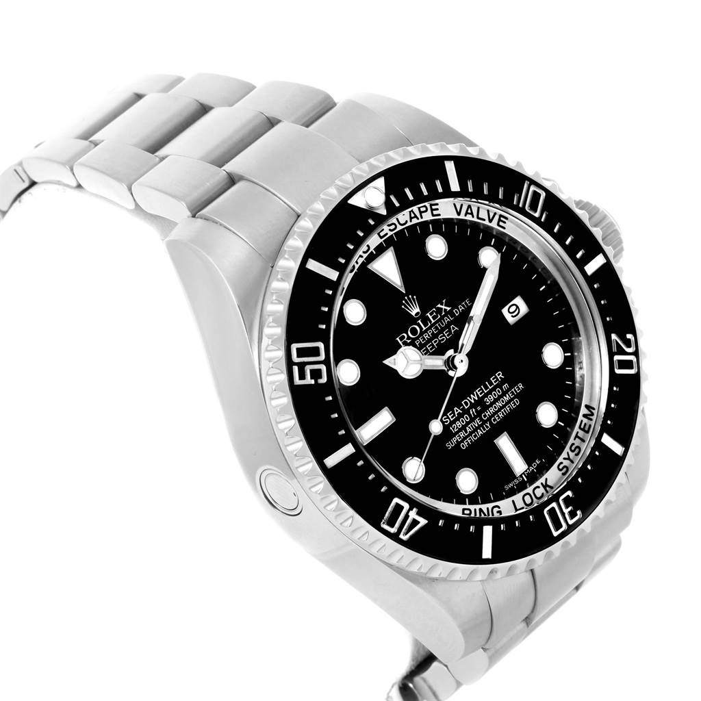 The image shows a Rolex Sea-Dweller 116660 Men's Stainless Steel Black Dial 116660 Men's Stainless Steel Black Dial watch at a side angle, highlighting its face, bezel, crown, and metallic bracelet.