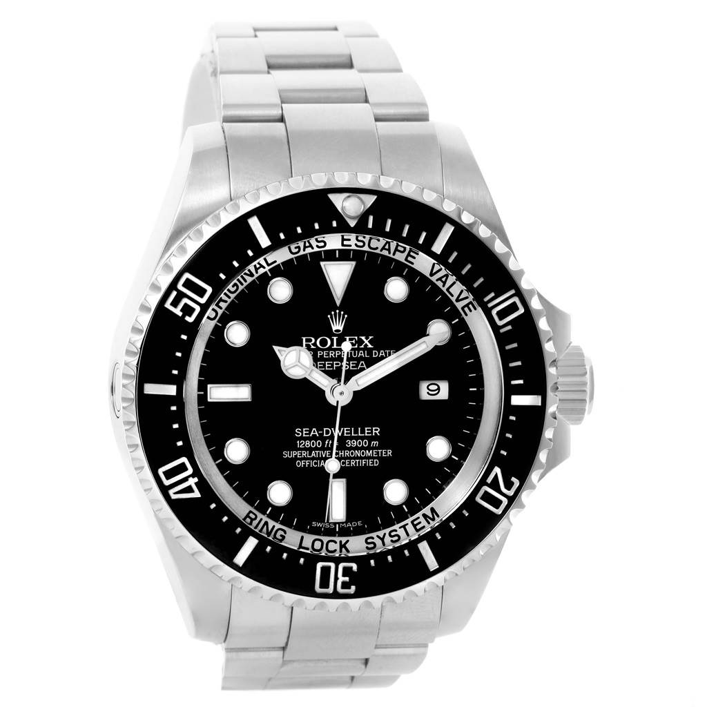 This image shows a front view of a Rolex Sea-Dweller 116660 Men's Stainless Steel Black Dial 116660 Men's Stainless Steel Black Dial watch, highlighting its dial, bezel, and bracelet.