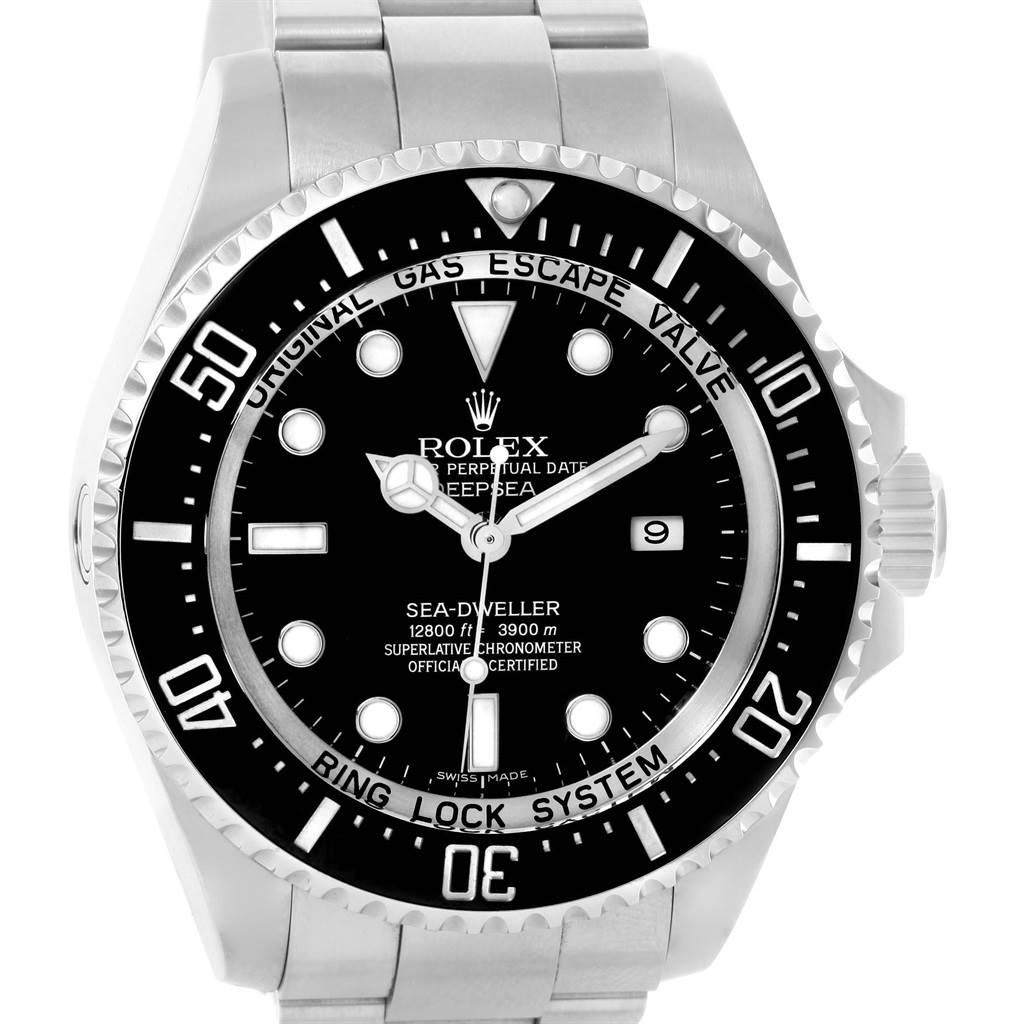 The image shows a front view of the Rolex Sea-Dweller 116660 Men's Stainless Steel Black Dial 116660 Men's Stainless Steel Black Dial watch, featuring its dial, bezel, and part of the bracelet.