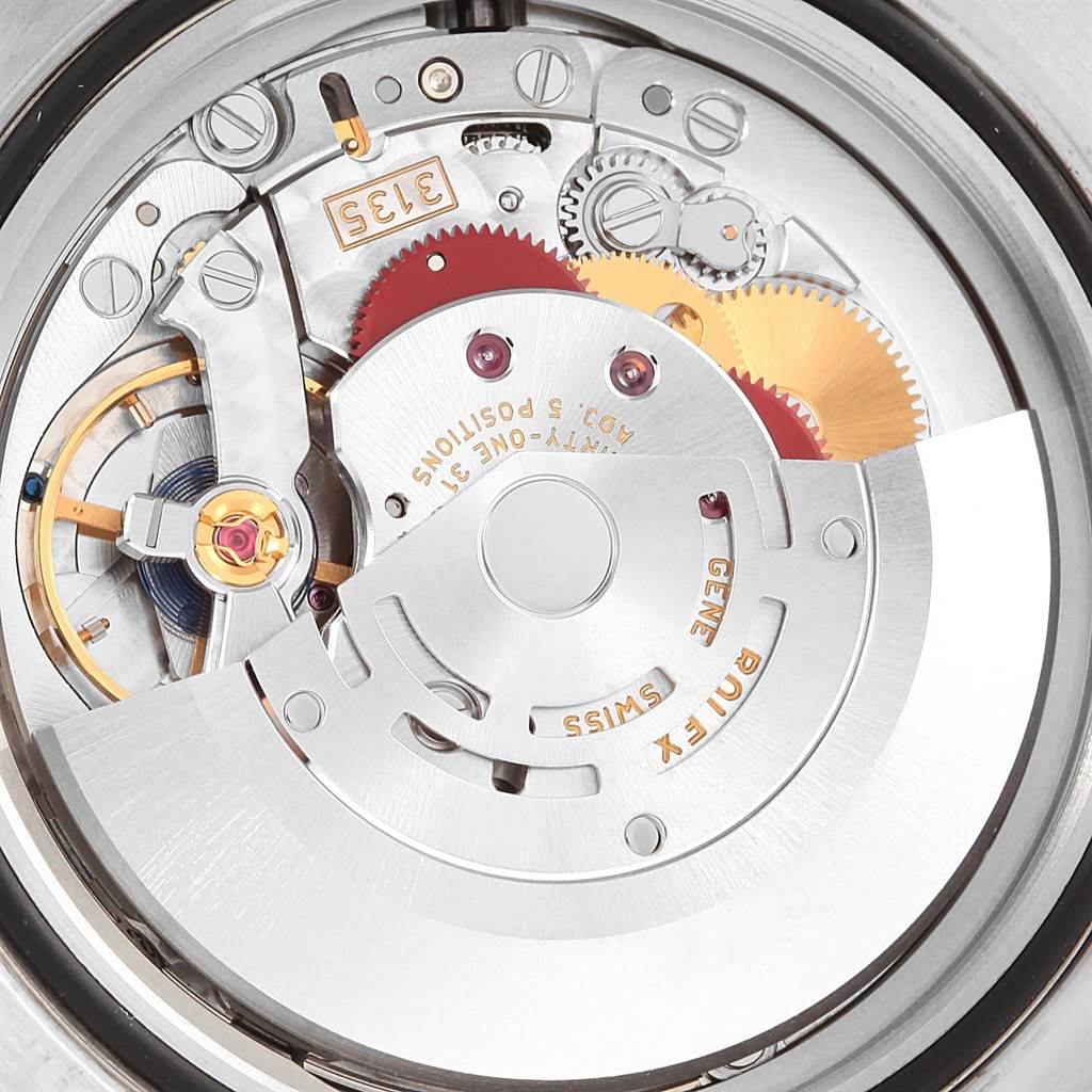 This is a close-up view of the Rolex Sea-Dweller 116600 Men
s Stainless Steel Black Dial 116600 Men
s Stainless Steel Black Dial
s movement mechanism showcasing gears and a rotor.