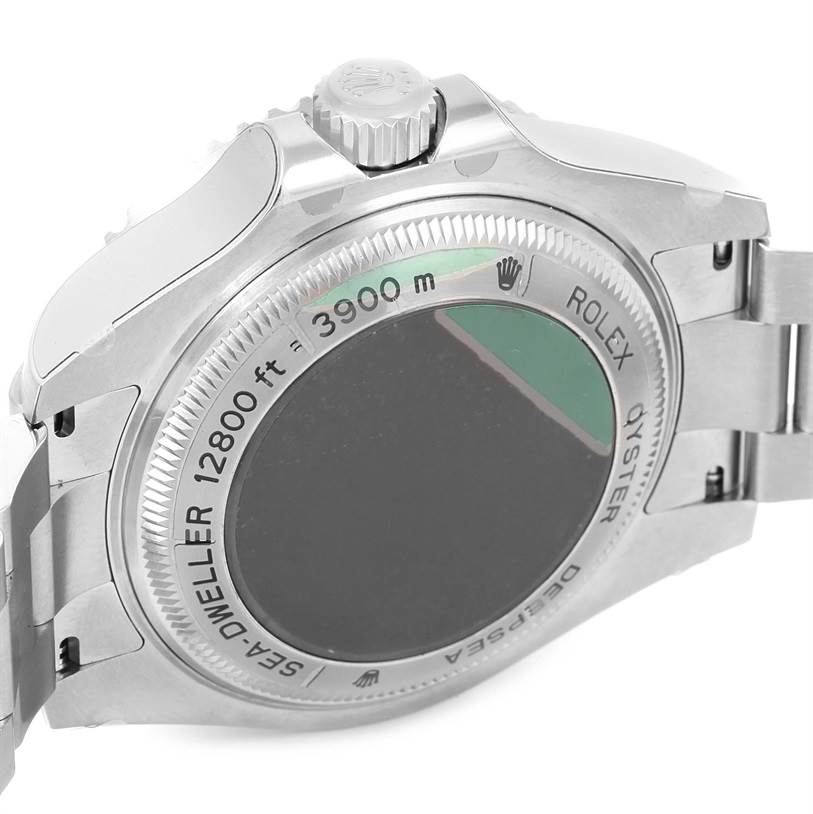 This image shows the back case and side view of the Rolex Sea-Dweller 116660 Men
s Stainless Steel Blue Dial 116660 Men
s Stainless Steel Blue Dial watch, highlighting the depth rating and crown.