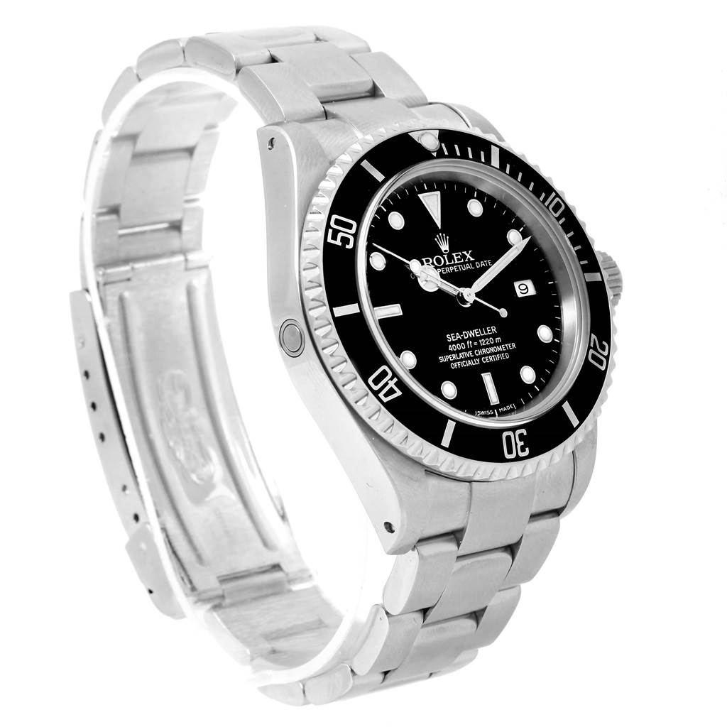 The image shows a side and front view of a Rolex Sea-Dweller 16600 Men
s Stainless Steel Black Dial 16600 Men
s Stainless Steel Black Dial watch, highlighting its bracelet, bezel, and dial.