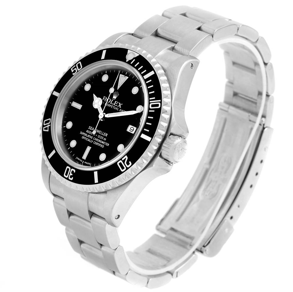 The image shows a Rolex Sea-Dweller 16600 Men
s Stainless Steel Black Dial 16600 Men
s Stainless Steel Black Dial watch at a slight angle, highlighting the face, bezel, crown, and bracelet.