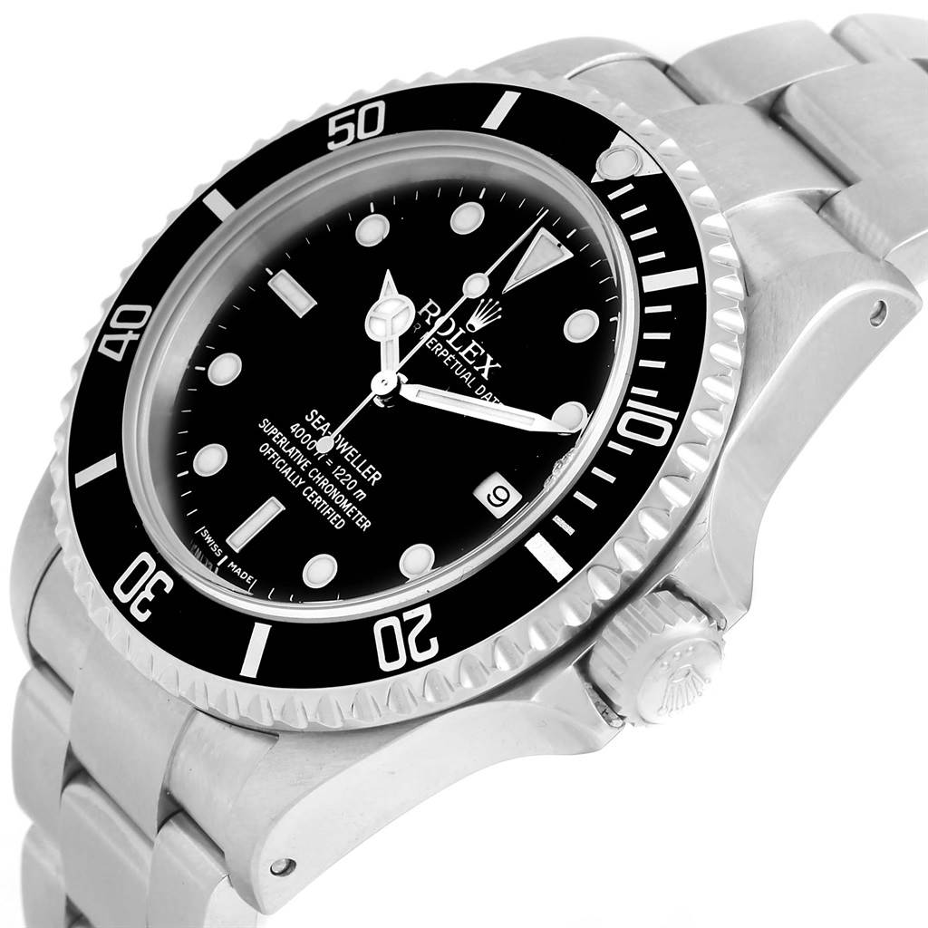 The image shows a tilted angle of the Rolex Sea-Dweller 16600 Men
s Stainless Steel Black Dial 16600 Men
s Stainless Steel Black Dial watch, highlighting the bezel, dial, crown, and part of the bracelet.