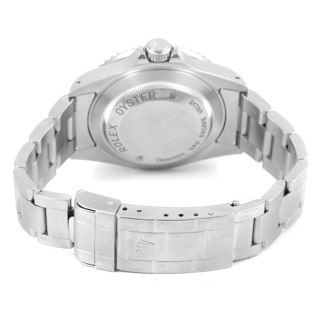 The image shows the case back and stainless steel bracelet of the Rolex Sea-Dweller 16600 Men
s Stainless Steel Black Dial 16600 Men
s Stainless Steel Black Dial watch.