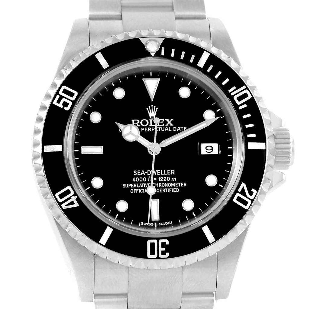 The image shows a front view of a Rolex Sea-Dweller 16600 Men
s Stainless Steel Black Dial 16600 Men
s Stainless Steel Black Dial watch, highlighting the dial, bezel, and bracelet.