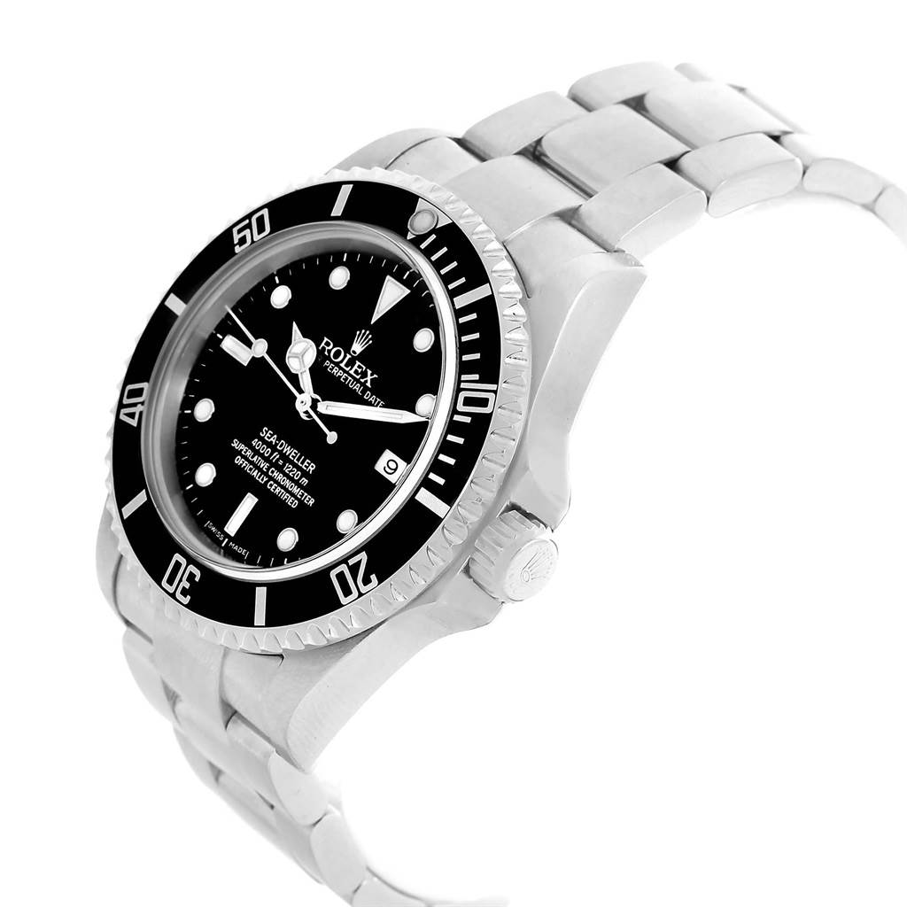 The Rolex Sea-Dweller 16600 Men
s Stainless Steel Black Dial 16600 Men
s Stainless Steel Black Dial watch is shown at a three-quarter angle, displaying its dial, bezel, crown, and part of the bracelet.