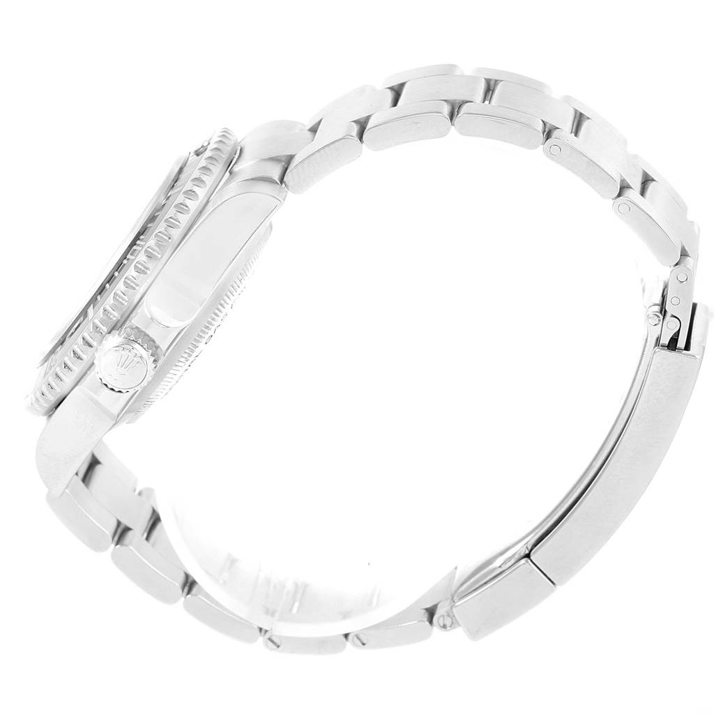 This image shows a side view of the bracelet, clasp, bezel, and crown of the Rolex Sea-Dweller 116600 Men's Stainless Steel Black Dial 116600 Men's Stainless Steel Black Dial watch.