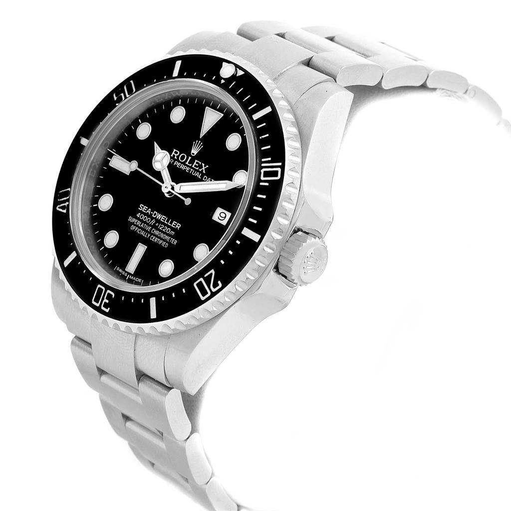 The image shows a side and front angle of a Rolex Sea-Dweller 116600 Men's Stainless Steel Black Dial 116600 Men's Stainless Steel Black Dial watch, highlighting its bezel, dial, and bracelet.