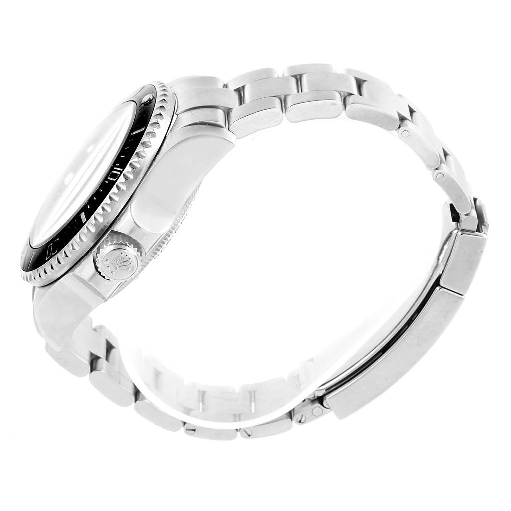 This image shows a side view of the Rolex Sea-Dweller 116660 Men's Stainless Steel Blue Dial 116660 Men's Stainless Steel Blue Dial watch, highlighting its bezel, crown, and bracelet.