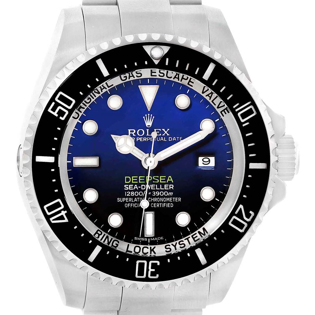 This image shows the dial and bezel of the Rolex Sea-Dweller 116660 Men's Stainless Steel Blue Dial 116660 Men's Stainless Steel Blue Dial Deepsea model from a front angle.
