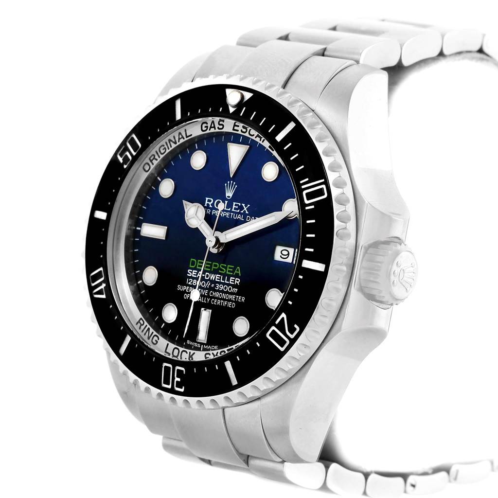 The Rolex Sea-Dweller 116660 Men's Stainless Steel Blue Dial 116660 Men's Stainless Steel Blue Dial watch is shown from a three-quarter angle, highlighting the watch face, bezel, and bracelet.
